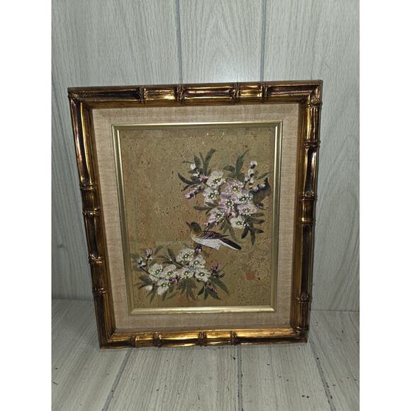 Vtg Asian Chinese Painting Cork Paper Bird Flowers Professionally Framed Signed - Picture 5 of 9